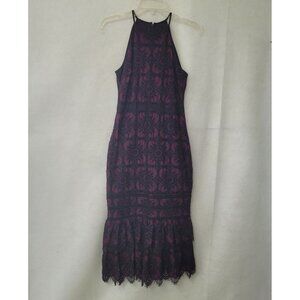 Banana Republic Lace Midi Dress Womens 0 Red Black Lace‎ Overlay Ruffled New